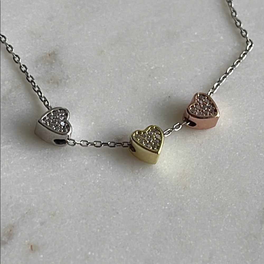Sterling Silver 925 Tri-Color Heart Pendant Necklace